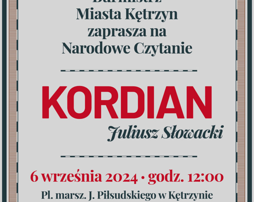 Narodowe Czytanie 2024 – „Kordian” Juliusza Słowackiego, 6 września 2024 (piątek), godz. 12.00